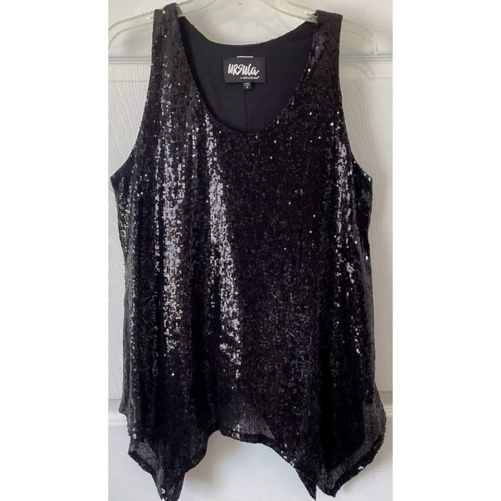Vintage 90s Ursula of Switzerland Black Sequin Formal Top Shark Bite Hem Sz 16